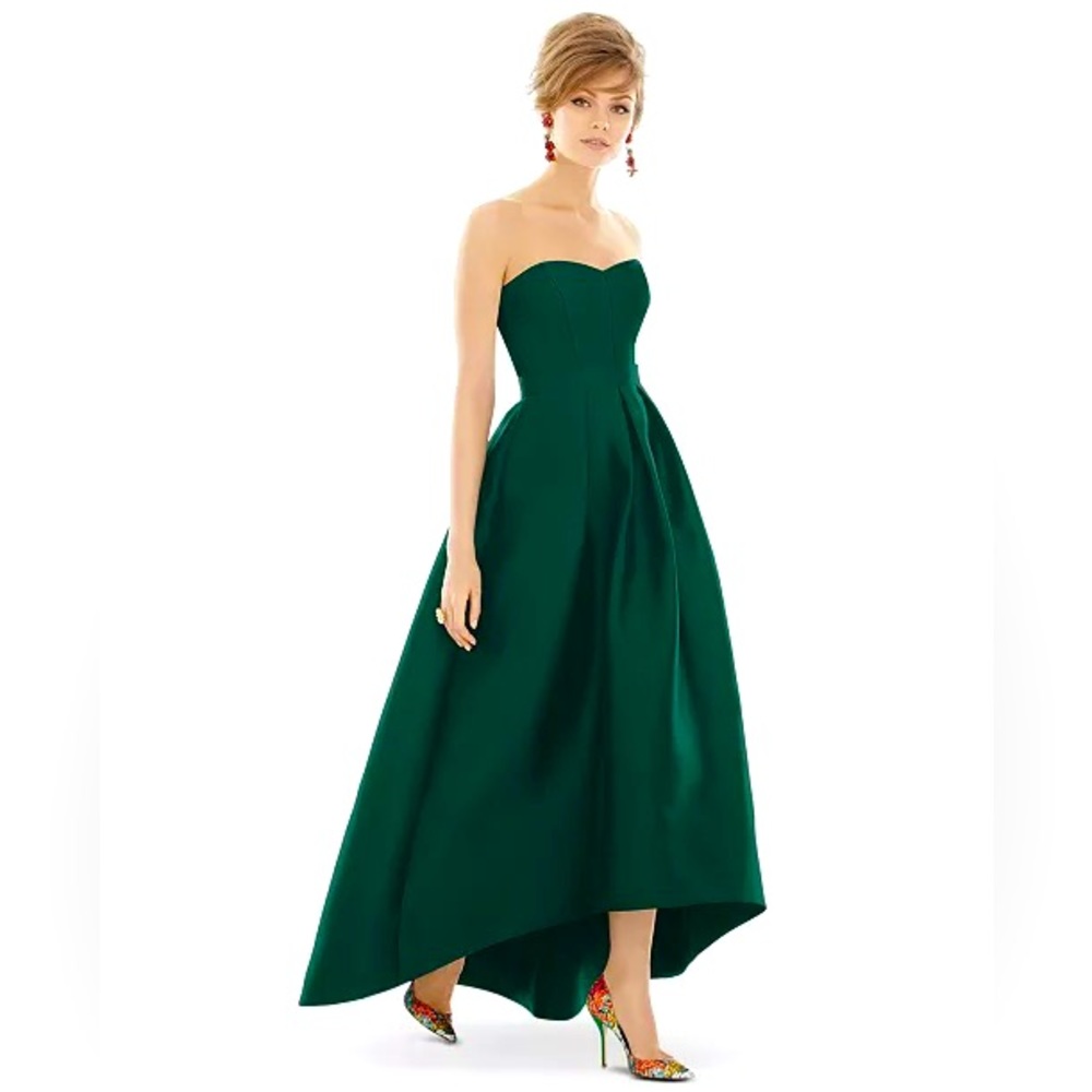 Alfred Sung Satin strapless high-low dress with pockets